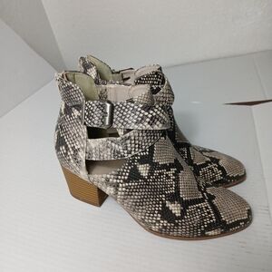 Fergalicious Kelsey ankle boots in a natural snakeskin print with a block heel. 